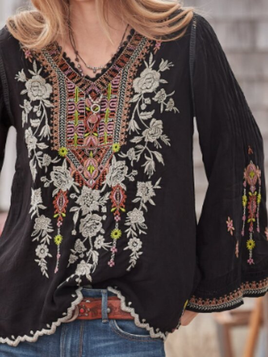 Johnny Was Tops - Johnny Was Embroidered Floral Tunic Blouse, Bell Sleeves - Womens XL